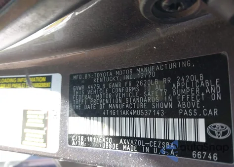 2021 Toyota Camry Se z USA, uszkodzony, nr VIN 4T1G11AK4MU537143